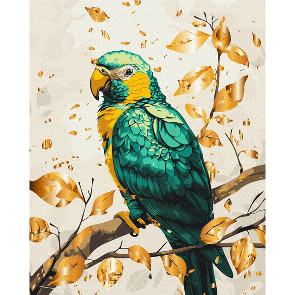 Картина по номерам Тварини, птахи та риби - Смарагдовий папуга з фарбами металік
