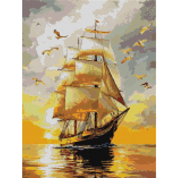 Алмазная мозаика 40x30 Власного виробництва - Вітрильник на красивому заході сонця