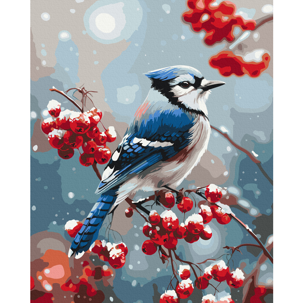 Картина по номерам Затишок, зима, Новий рік, Різдво - Пташка на морозному гіллі