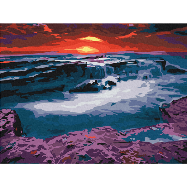 Картина по номерам Пейзажі - Захід сонця біля водоспаду