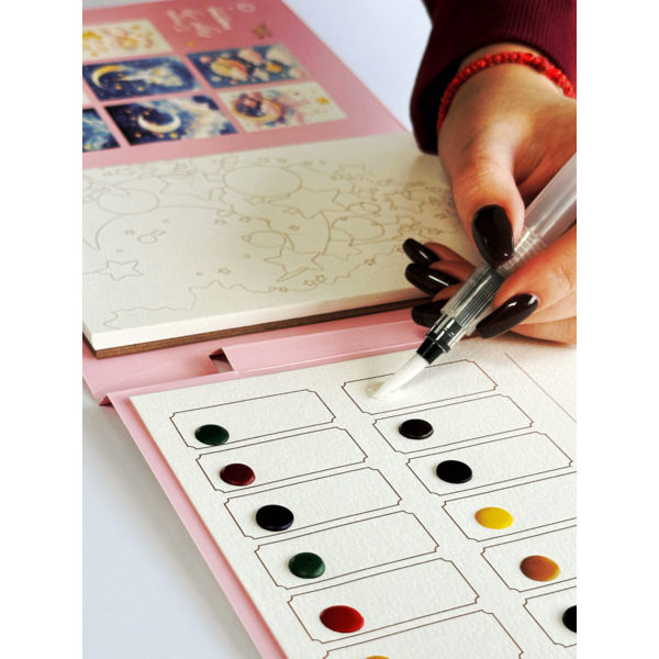 Скетч буки - Акварельный скетчбук, с ручкой и твердыми красками 