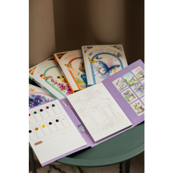 Скетч буки - Акварельный скетчбук, с ручкой и твердыми красками 