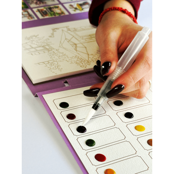 Скетч буки - Акварельный скетчбук, с ручкой и твердыми красками 