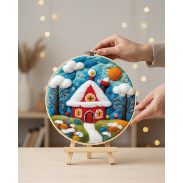 Набір для вишивки фетром круглі D20 - Набір для валяння картини з вовни “Зимовий будинок”