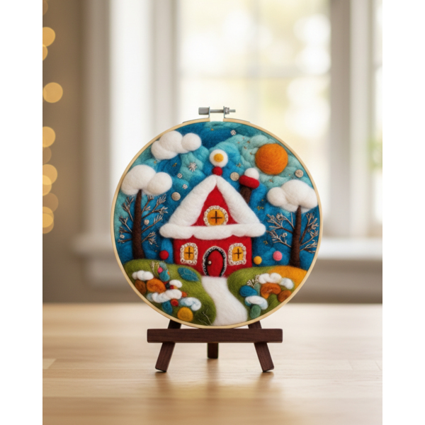 Набір для вишивки фетром круглі D20 - Набір для валяння картини з вовни “Зимовий будинок”