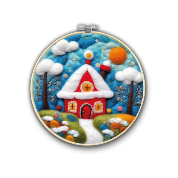 Набір для вишивки фетром круглі D20 - Набір для валяння картини з вовни “Зимовий будинок”